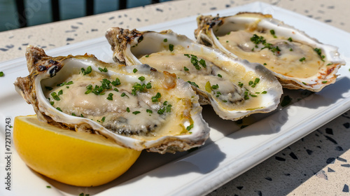 Fresh raw oysters in halved shells with lemon