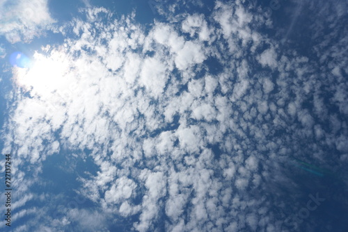 White fluffy clouds in the sky. Blue sky and cloud cover on a sunny summer day. Empty background, copy space © Pokoman