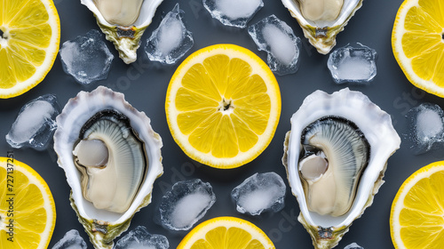 Fresh raw oysters in shells halves on ice with lemon photo