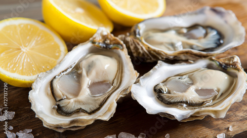 Fresh raw oysters in shells halves on ice with lemon