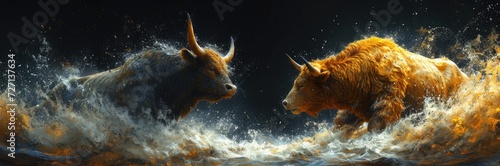 A digital art piece showing a bull and bear in a dynamic struggle, symbolizing market volatility