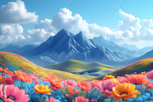 Spring landscape 3D illustration  equinox scene illustration of mountains and flowers in the distance