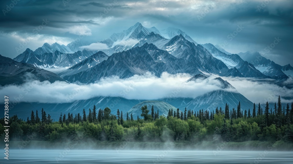 Majestic mountains wear a crown of clouds, their peaks peeking through the mist.