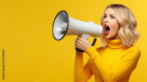 Close-up of a beautiful blonde woman roaring on megaphone on a soft yellow background with copy space. The concept of advertising, discounts in stores.