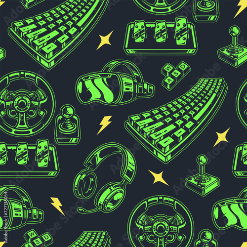 Video games green seamless pattern