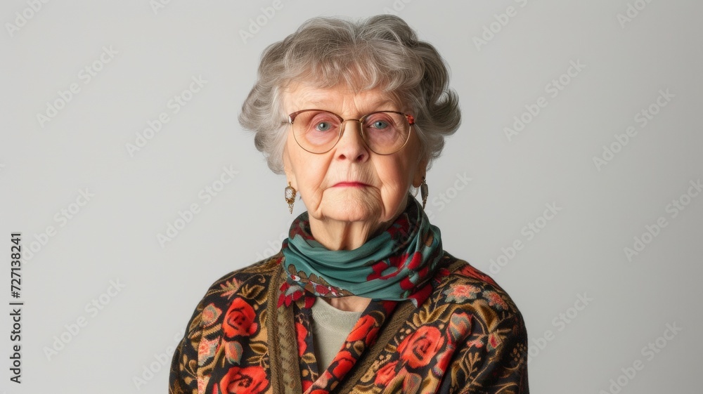 Senior beautiful grey-haired woman wearing casual shirt and glasses over gray background Senior beautiful grey-haired woman wearing casual shirt and glasses over gray background