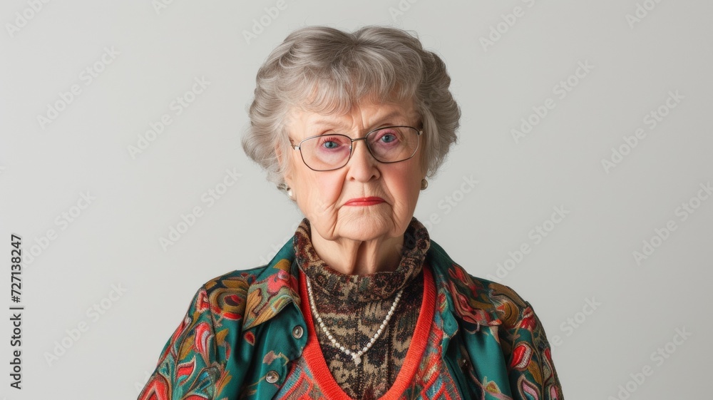 Senior beautiful grey-haired woman wearing casual shirt and glasses over gray background