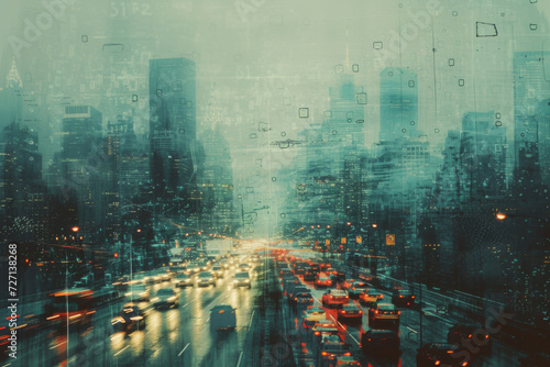 A crowded road with electronic signals with the city behind it.