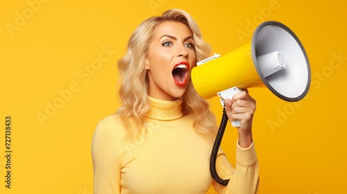 Close-up of a beautiful blonde woman roaring on megaphone on a yellow background with copy space. The concept of advertising, discounts in stores.