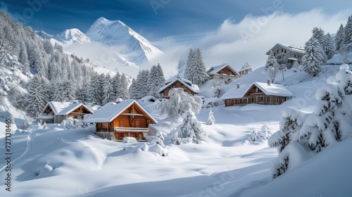 Winter scene. Deep snow blankets charming chalets, creating a picturesque village. 