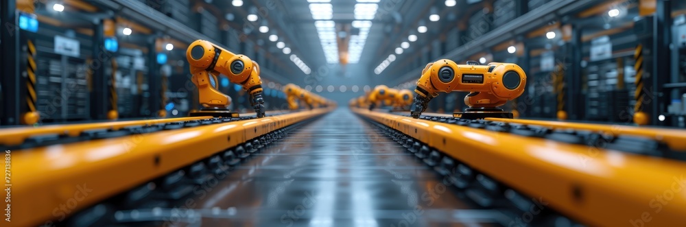 A busy factory floor with robots and humans working together, showcasing the future of manufacturing A busy factory floor with robots and humans working together, showcasing the future of manufacturing