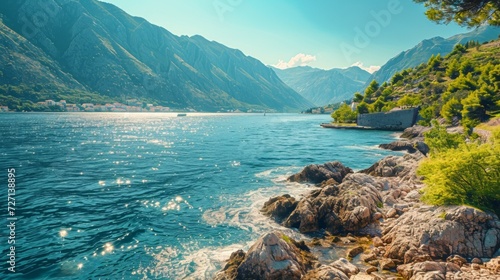 A vivid photo of the Bay of Kotor under a clear sky, sunlight enhancing the details of the mountain slopes Generative AI © vadosloginov