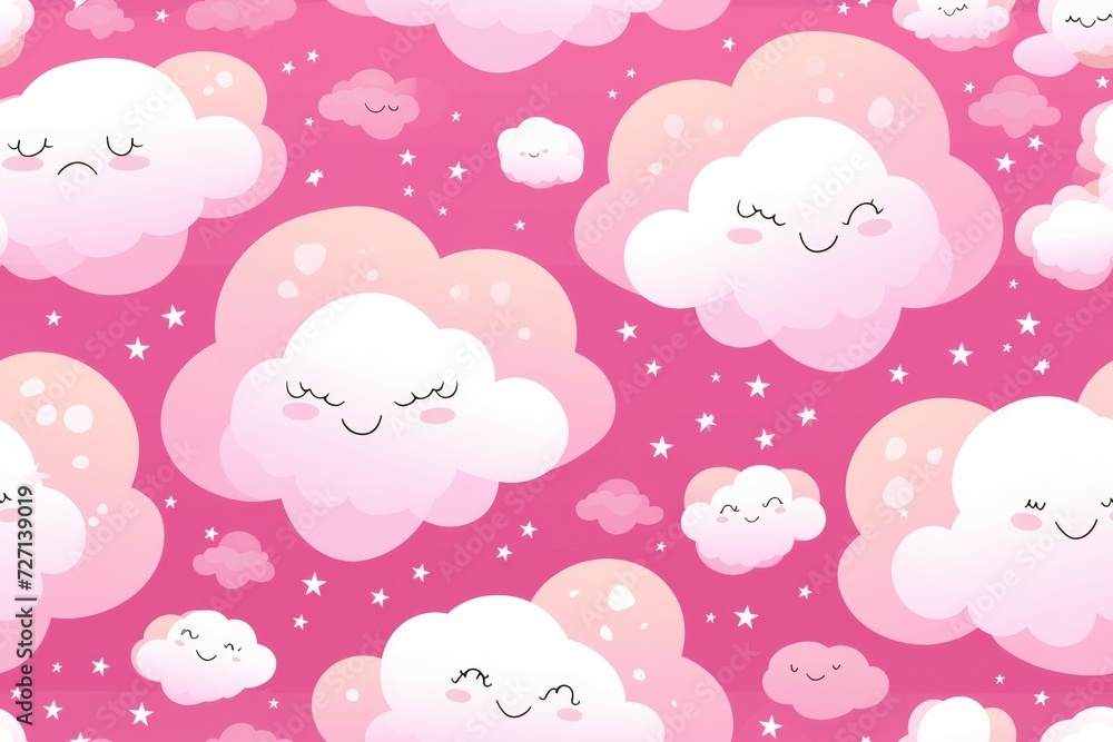 Cute colorful cloud smiling face seamless pattern