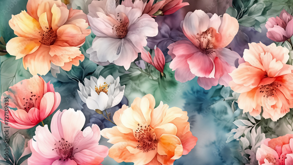 Delicate, colorful water-color wallpaper with beautiful spring flowers. Illustration 4K - obrazy, fototapety, plakaty 
