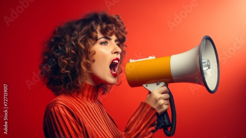 Close-up of a beautiful woman roaring on megaphone ona red background with copy space. The concept of advertising, discounts in stores.