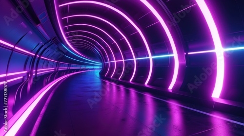 Futuristic corridor, bathed in a mesmerizing display of purple and blue neon lights.