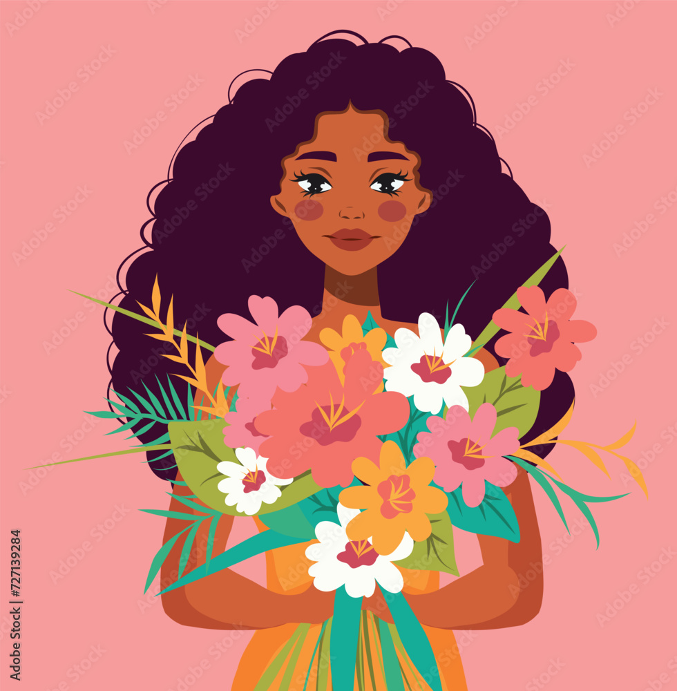 Vector illustration of a beautiful African American girl with flowers in her hands on a pink background for Women's Day or avatar for social networks