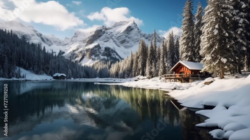 realistic photo Beautiful view of Emerald Lake with snow covered and shining log cabin in rocky mountains and pine forest in winter. generative ai