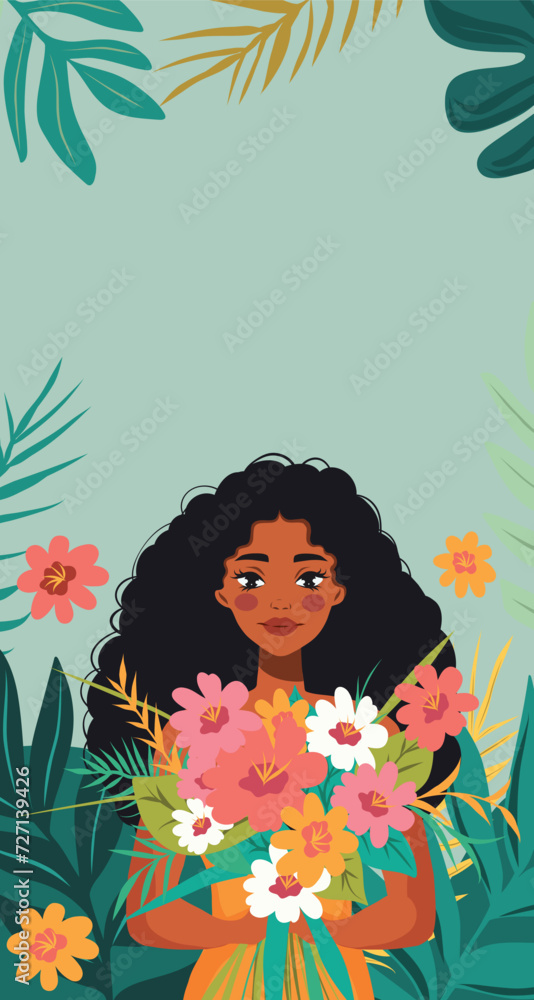 Vector summer illustration with place for text beautiful african american girl with flowers in her hands among tropical plants tourism vacation Vector summer illustration with place for text beautiful african american girl with flowers in her hands among tropical plants tourism vacation