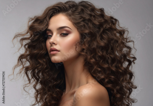 Beautiful woman with long and shiny wavy hair Beauty model girl with curly hairstyle.
