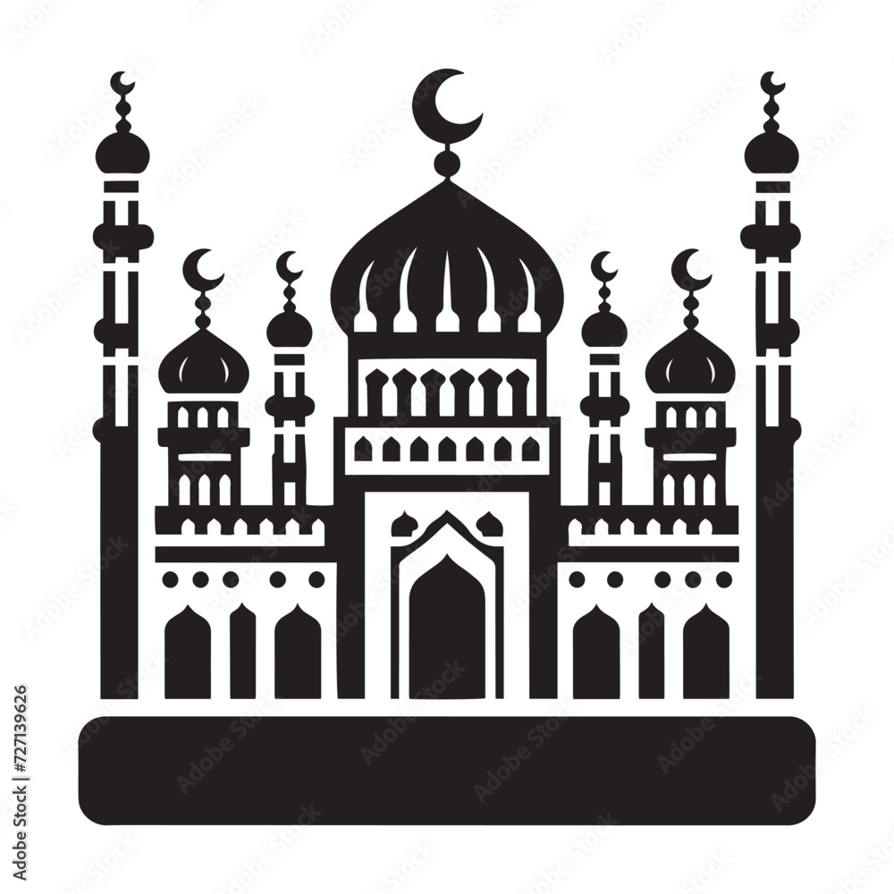 Silhouetted Mosque Majestic Icon of Islamic Architecture and Spiritual Serenity black and white