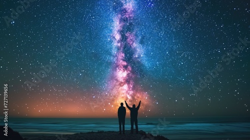 Rear view of couple while looking at starry sky at night