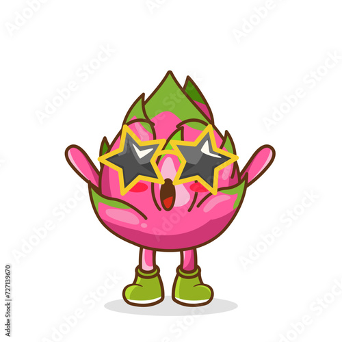 Funny dragon fruit character in star-shaped glasses having fun at party, cartoon vector illustration isolated on white background. Cartoon dragon fruit character, party mascot