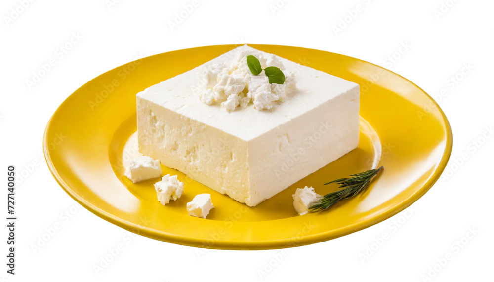 Feta cheese on a yellow plate isolated on a transparent background.