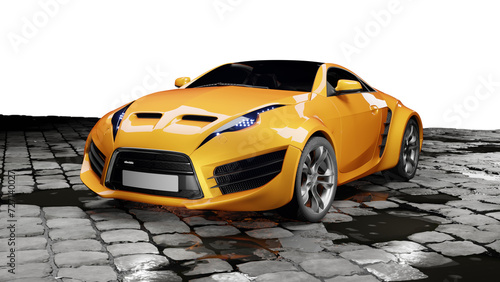 3D render of an orange sports car with a transparent background. Unbranded conceptual design. © -Misha
