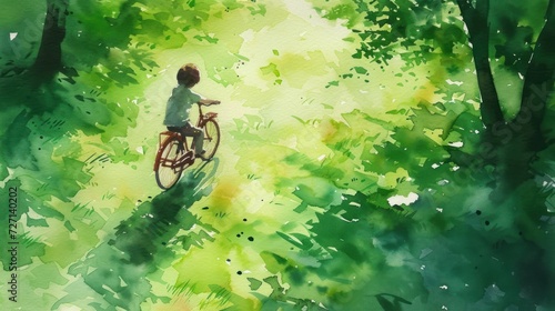 watercolor canvas illustration of a kid riding a bicycle on green ground, jungle scene, background