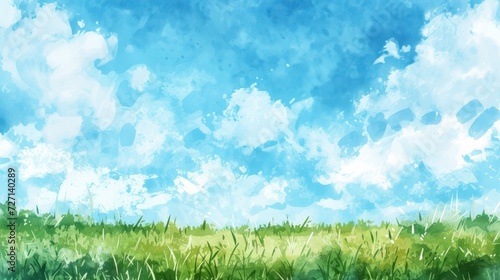 watercolor illustration of day sky and green ground landscape background, greeting and invitation design, cards