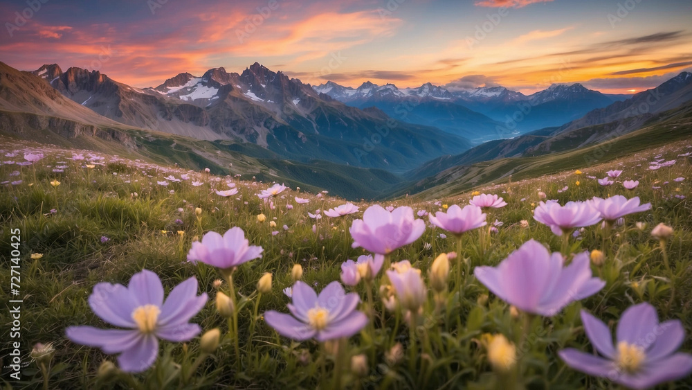 Beauty of mountain wildflowers. Discuss the short but intense blooming periods, emphasizing the importance of timing for those fortunate enough to witness the breathtaking display