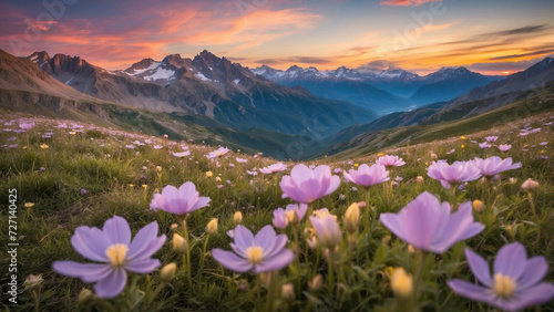 Beauty of mountain wildflowers. Discuss the short but intense blooming periods  emphasizing the importance of timing for those fortunate enough to witness the breathtaking display