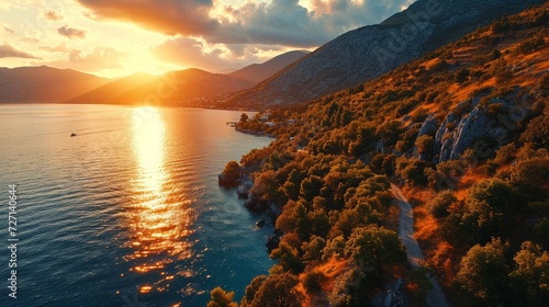 Boka Kotor Bay, warm sunset tones, aerial drone view, tranquil waters, detailed sunset Generative AI