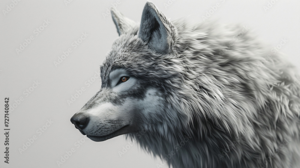 A mesmerizing 3D render of a mysterious wolf, exquisitely detailed and set against a clean white background. This captivating artwork showcases the raw power and enigmatic allure of nature's