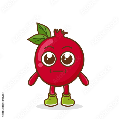 a picture of pomegranate fruit with a flat expression. No words straight face pomegranate fruit emoji. Vector flat design emoticon icon isolated on white background.