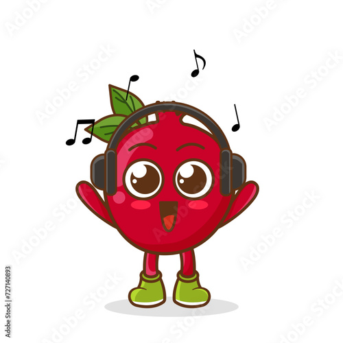 Cute cartoon pomegranate character listening to music and enjoy. Vector character illustration icon isolated on white. pomegranate Fruit cartoon mascot character Listening music on a headset