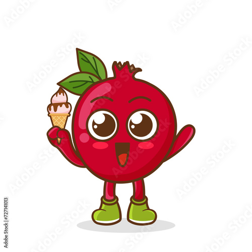 Cute Cartoon pomegranate fruit character holding ice cream cone