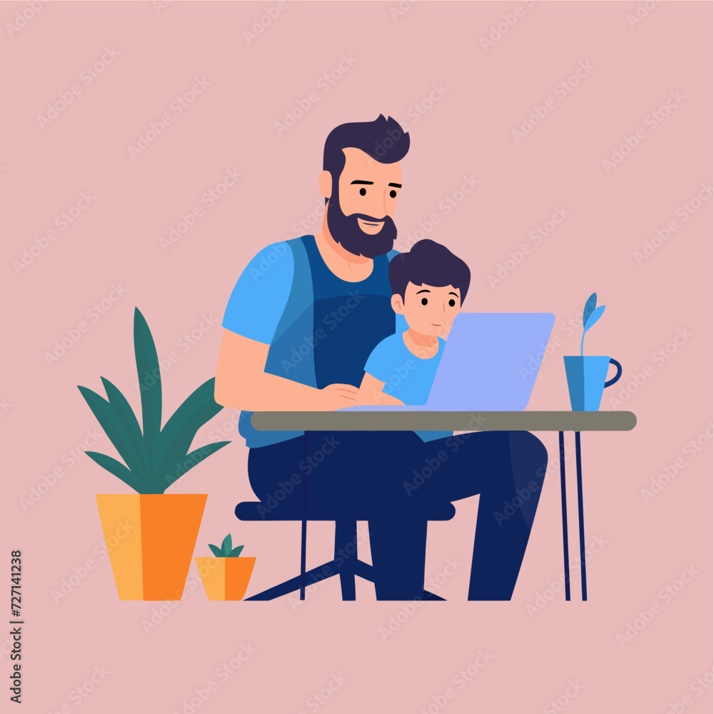 father holding kid and working