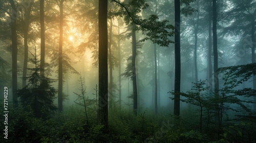 Mystic morning  a forest in a symphony of soft light and lingering mist. Trees stand like ancient sentinels  their silhouettes softened by the ethereal glow. 