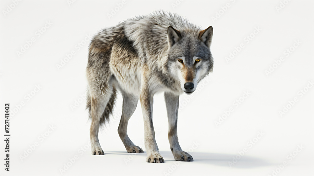 A mesmerizing 3D rendering of a mysterious wolf, capturing its captivating aura in exquisite detail. With a clean, white background, this artwork highlights the wolf's enigmatic presence, ma