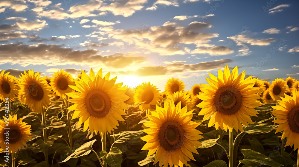 photorealistic of a sunflower field with sun light