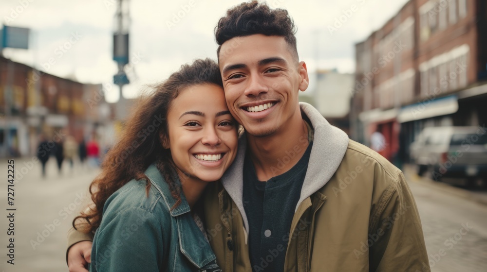 Portrait of happy mixed race couple looking at camera and smiling while standing outdoors Portrait of happy mixed race couple looking at camera and smiling while standing outdoors