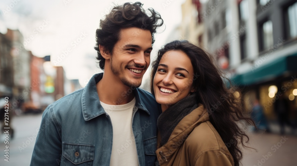 portrait of smiling young couple looking at camera while walking in city portrait of smiling young couple looking at camera while walking in city