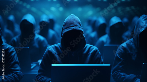 Group of hackers or scammers using laptop computers doing cyber warfare on dark technology background, phising, cyber attack and cybercrime concept.