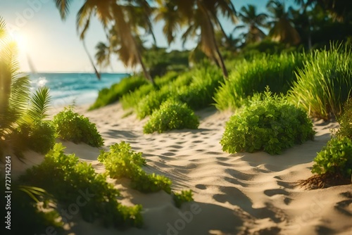 A picturesque beach setting with greenery under the radiant sunlight, portrayed in realistic