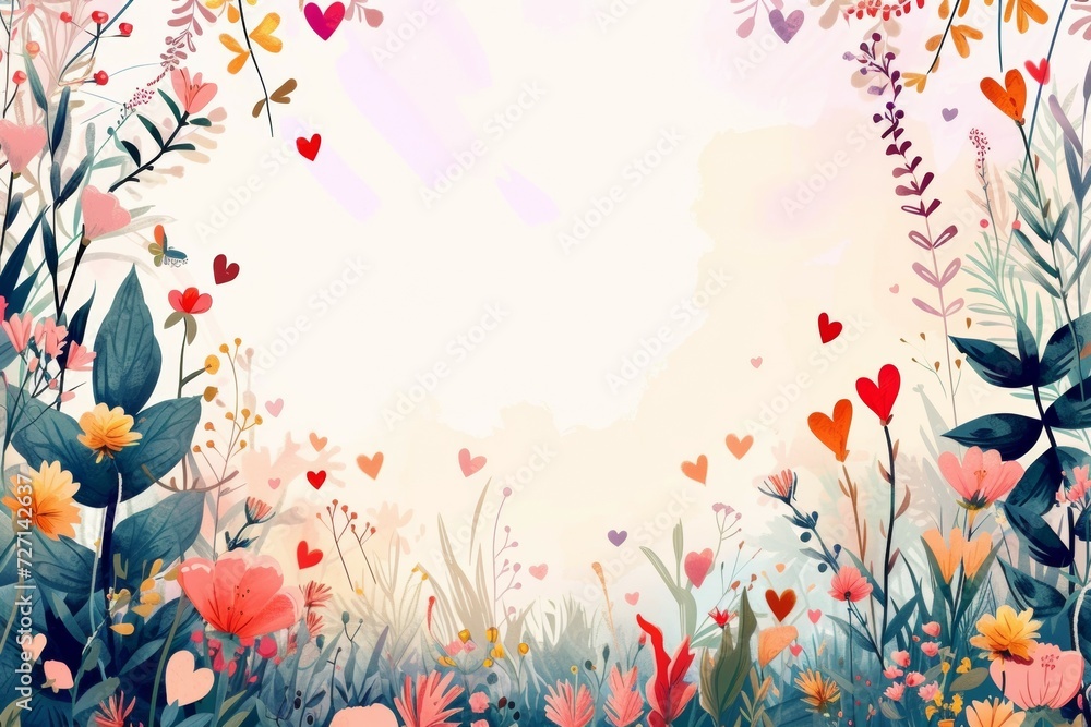 Watercolor heart pattern on a white background, with space for text in the middle