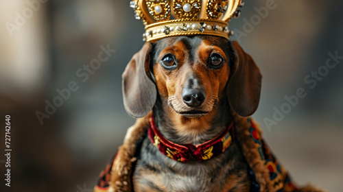 Dachshund dog dressed as a king with crown , pet treated like royalty, generative ai
