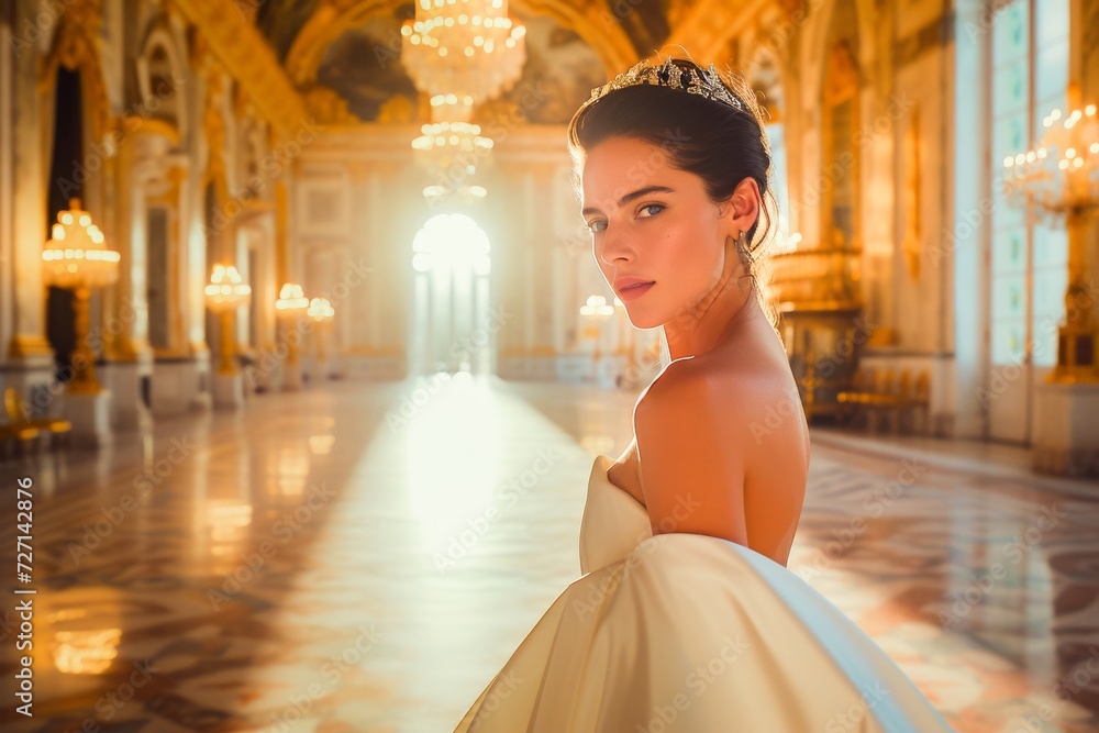 A graceful bride in an elegant gown and tiara, standing in the luxurious grandeur of a majestic palace hall.