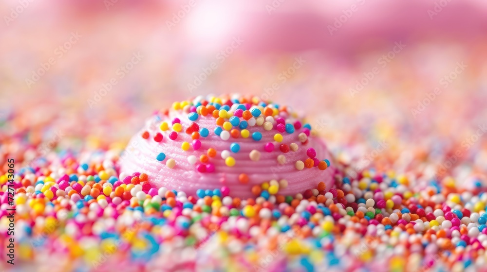 Obraz premium Colorful Sprinkles Pink Birthday Cake Background Closeup Rainbow Nonpareils
